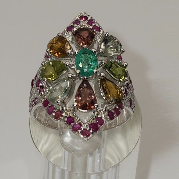 .925 Sterling Silver Natural Emerald/Ruby/Tourmaline Pear/Oval Ring Size 9. $655 - Picture 2 of 7